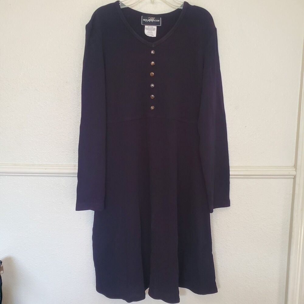 Vtg 90s Molly Malloy Knit Ribbed Black Grunge Witchy Skater Dress Long Sleeve‎ L